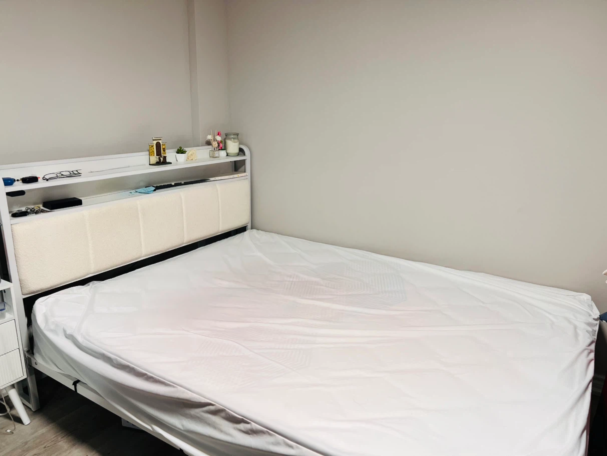 White Upholstered Headboard Bed Frame with Storage Shelf