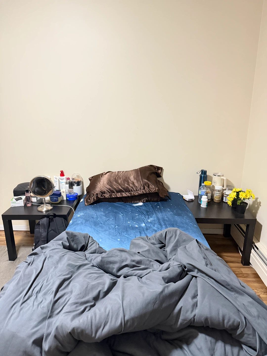 bed frame + mattress + comforter + 2 side tables