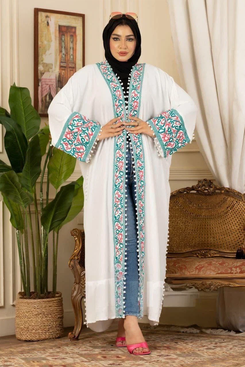 White Abaya with Pink and Teal Embroidery - photo 2