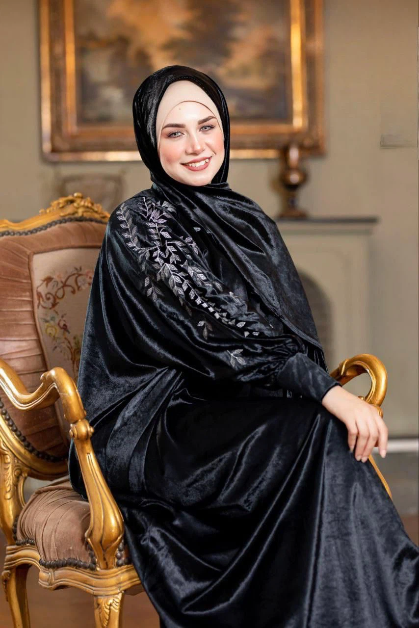 Black Velvet Abaya with Silver Leaf Embroidery - photo 3