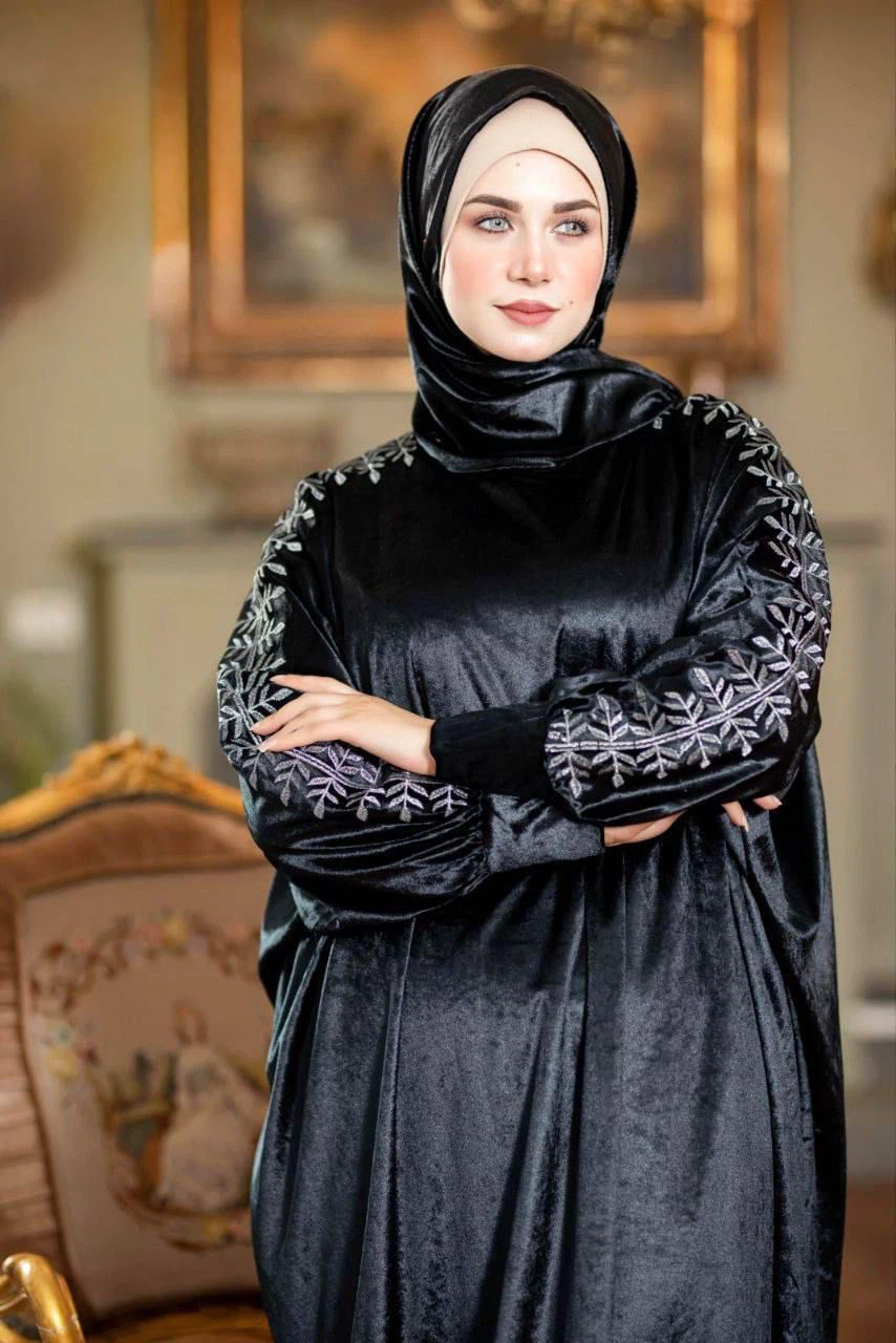 Black Velvet Abaya with Silver Leaf Embroidery - photo 5
