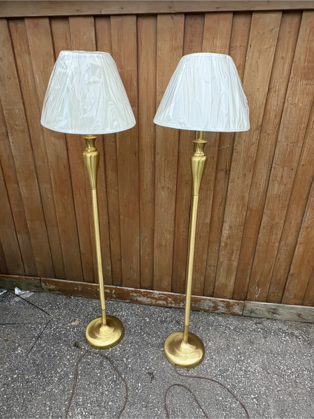 Free delivery used Pair of Brass Floor Lamps with Cream Shades - photo 2