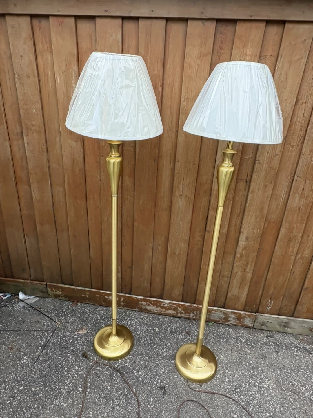 Free delivery used Pair of Brass Floor Lamps with Cream Shades - photo 3