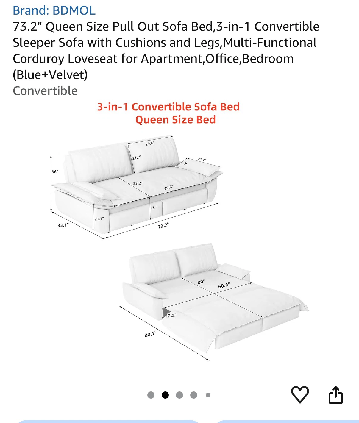 73.2" Convertible Sofa Bed - Queen Size - photo 2