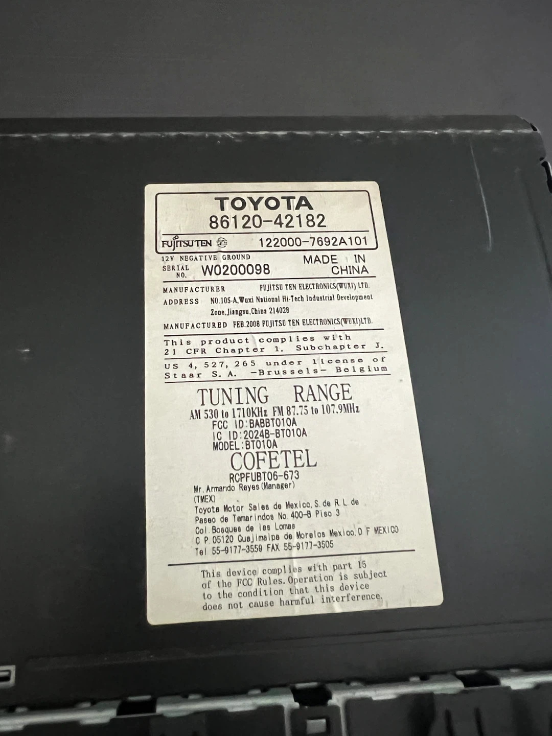 Toyota Car Stereo Radio JBL FUJITSU TEN 86120-42182 - photo 2