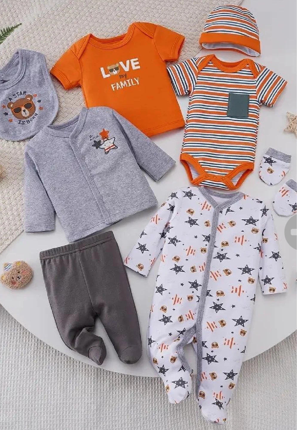 Baby Clothes Set - Bodysuit, Onesie, Pants, Hat & Mittens
