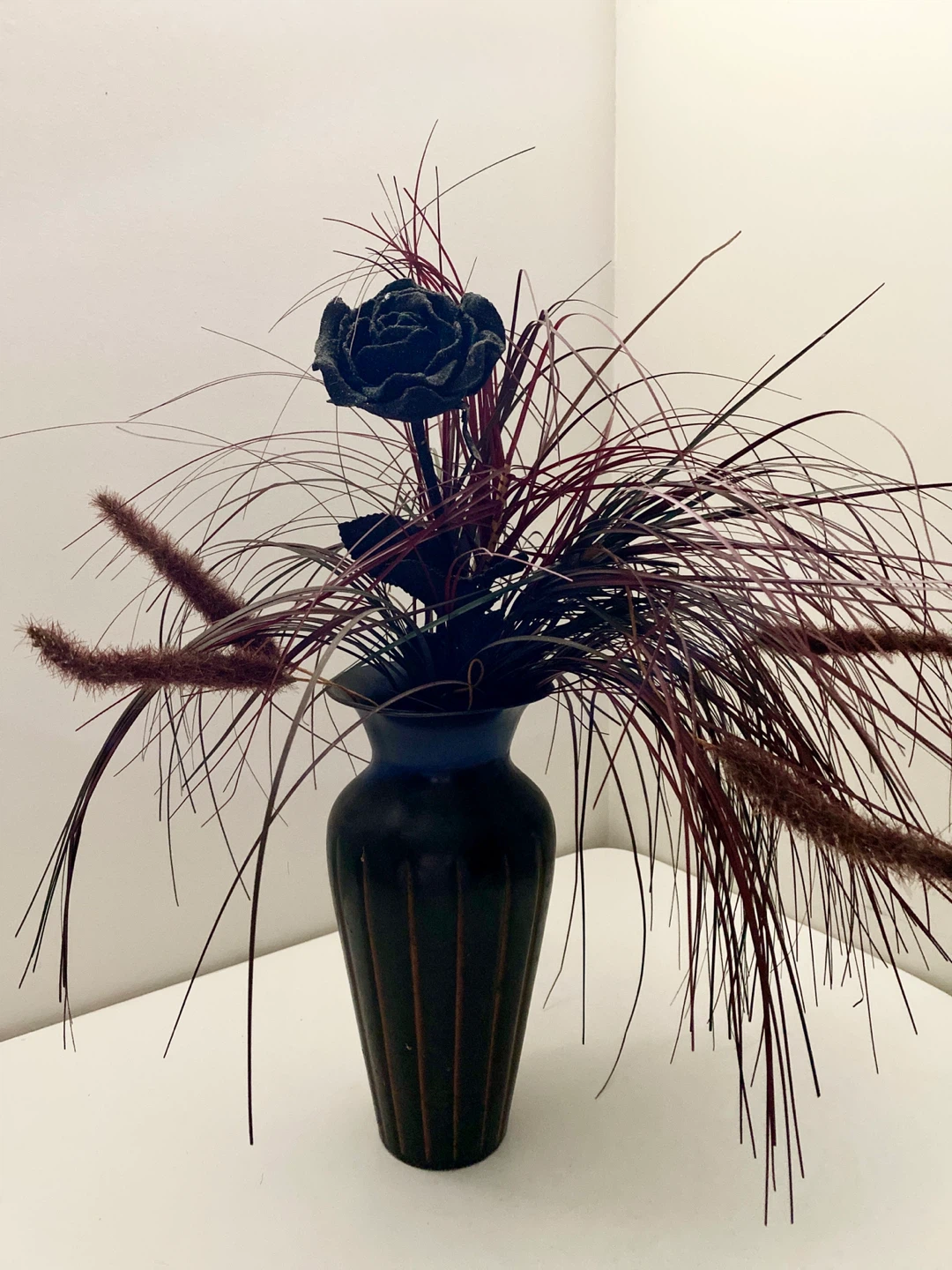 Decorative Vase with Black Rose and Grass Arrangement