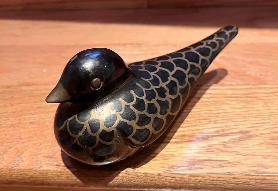 Vintage 6" Brass & Black Enamel Loon Figurine –