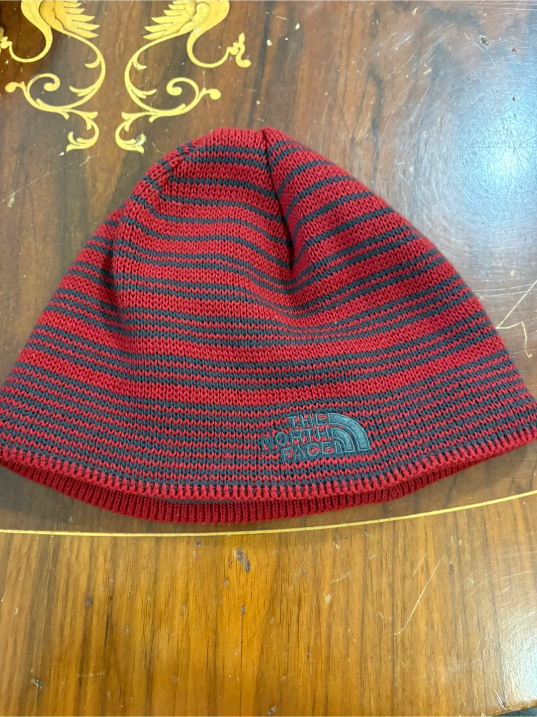 The North Face Red and Grey Striped Beanie