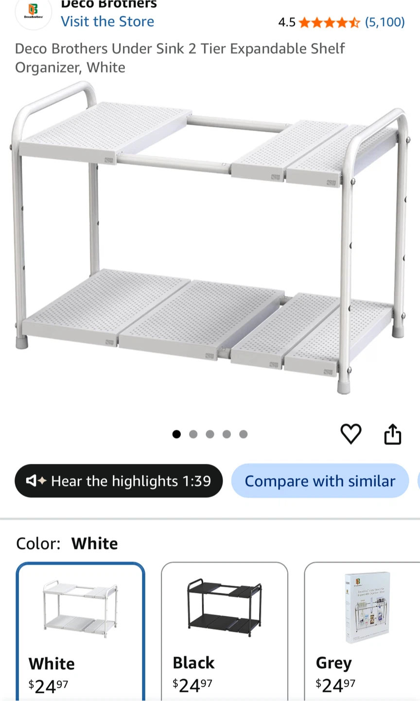 Deco Brothers Under Sink 2 Tier Expandable Shelf Organizer White - photo 2