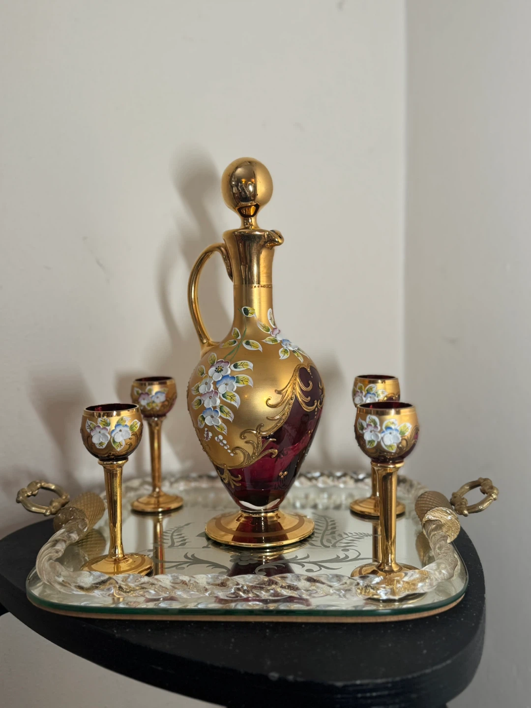 Vintage Gold Floral Decanter and Liqueur Glasses Set