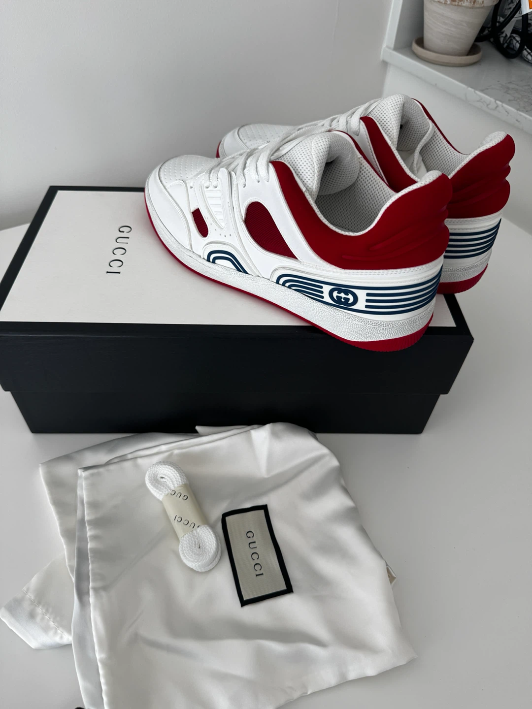 Gucci White & Red Leather Sneakers