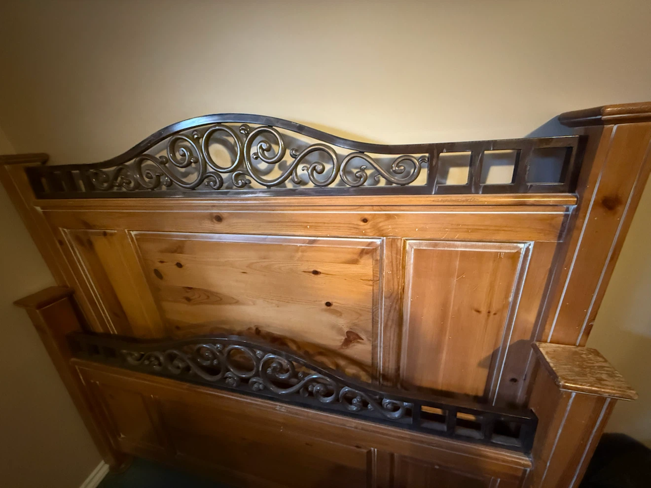 Pine Wood Queen Size Bed Frame with Wrought Iron Accents
