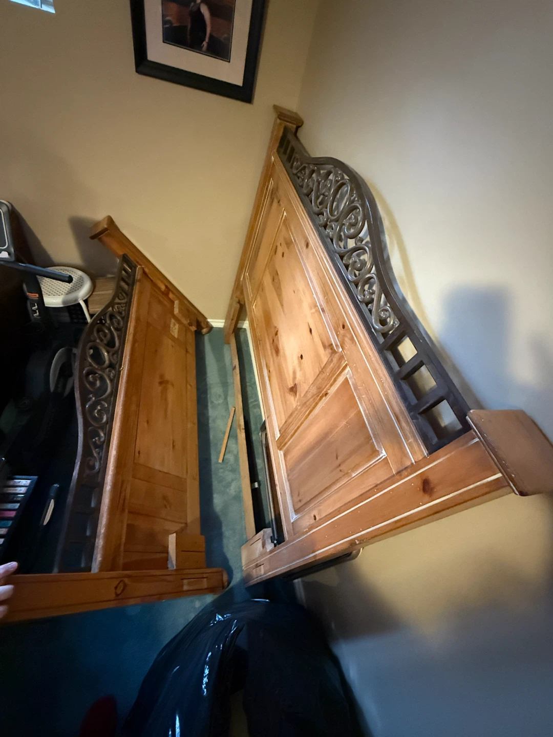 Pine Wood Queen Size Bed Frame with Wrought Iron Accents - photo 2