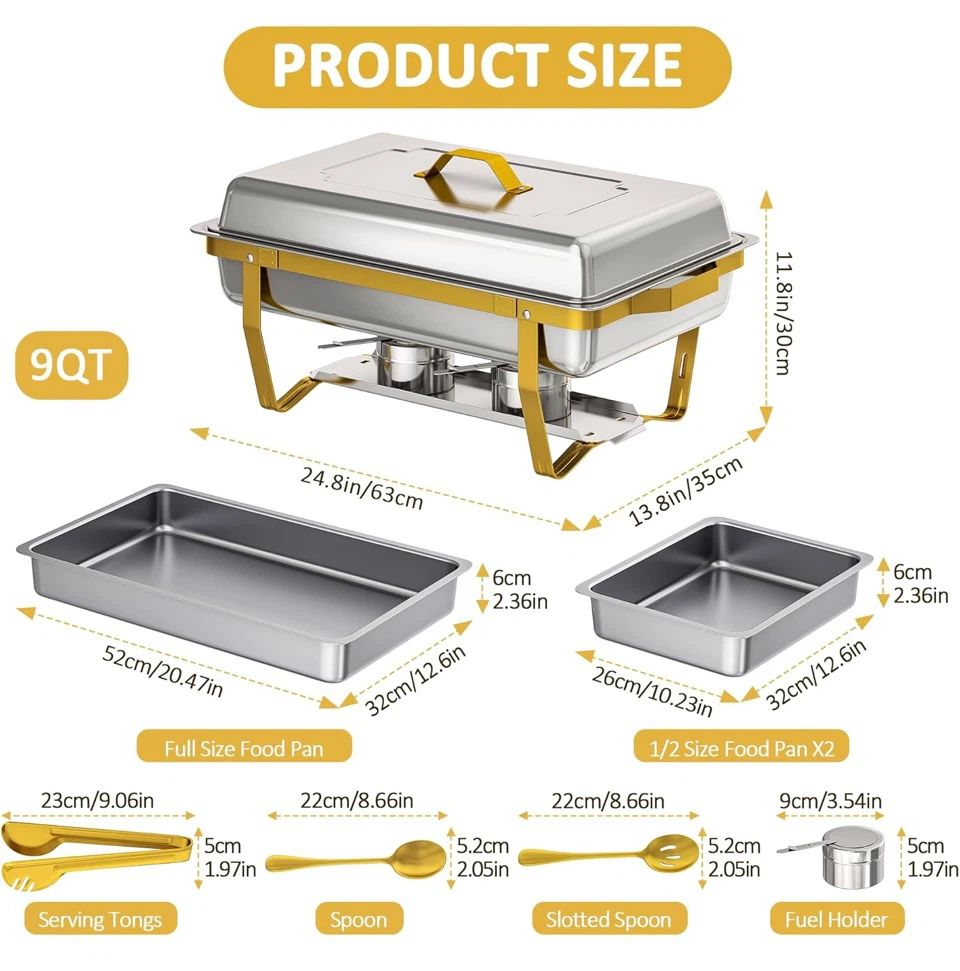 9 QT 2 Pack Chafing Dish Buffet Set - Gold Stainless Steel - photo 3