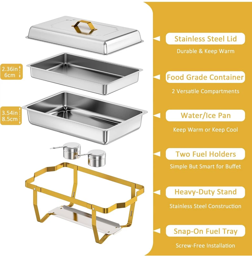 9 QT 2 Pack Chafing Dish Buffet Set - Gold Stainless Steel - photo 5
