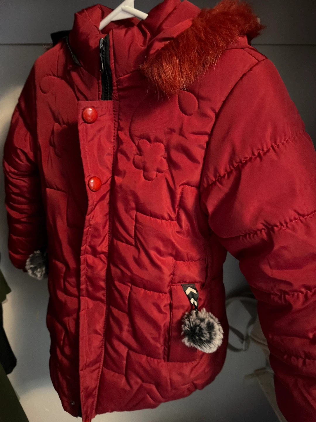 Red Puffer Winter Jacket with Faux Fur Trim