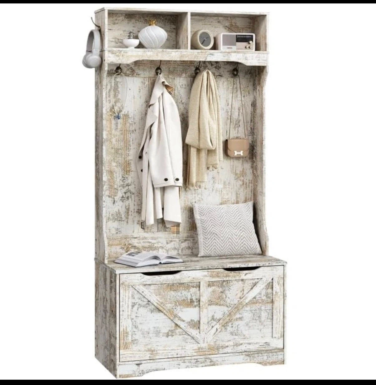 Rustic White Hall Tree with Storage Bench