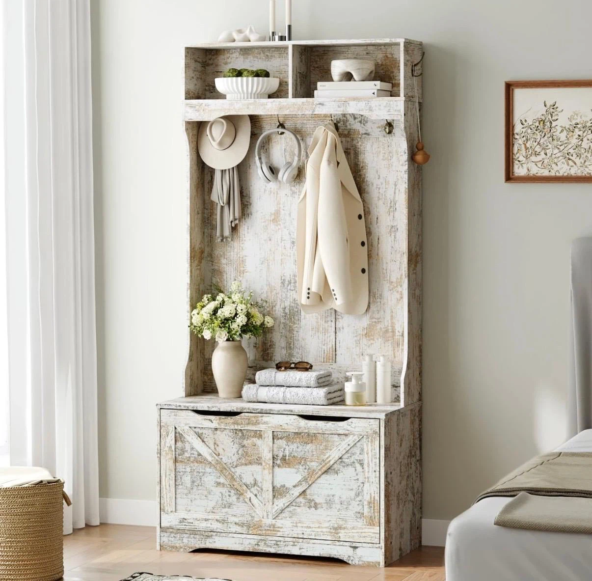 Rustic White Hall Tree with Storage Bench - photo 2