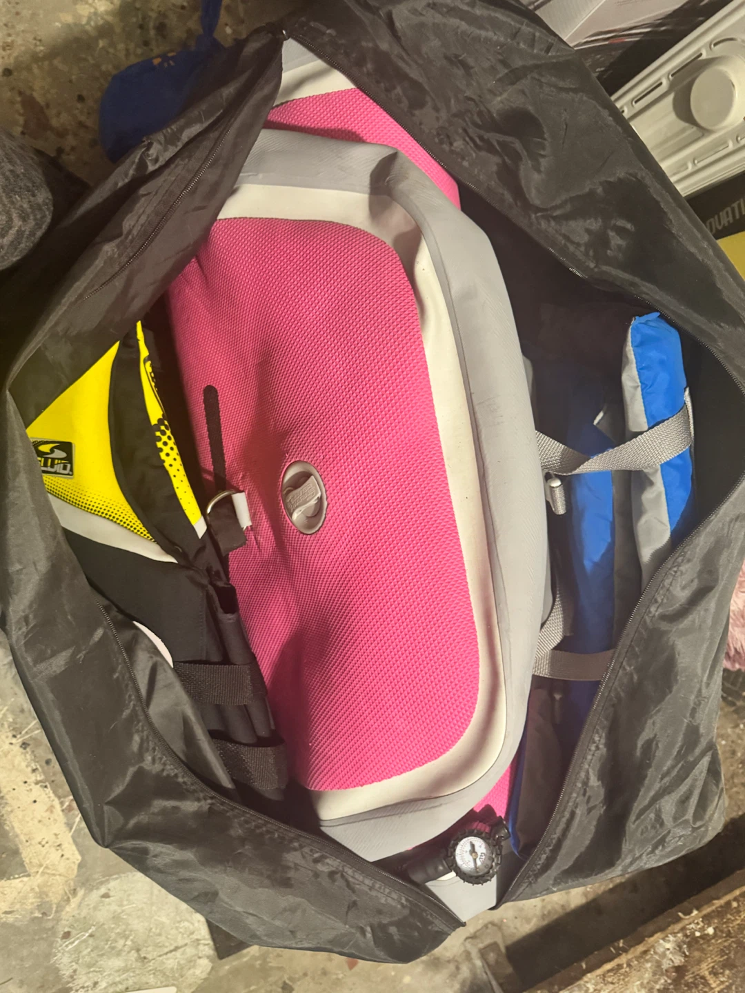 Pink inflatable Paddleboard! Life jackets and padde.