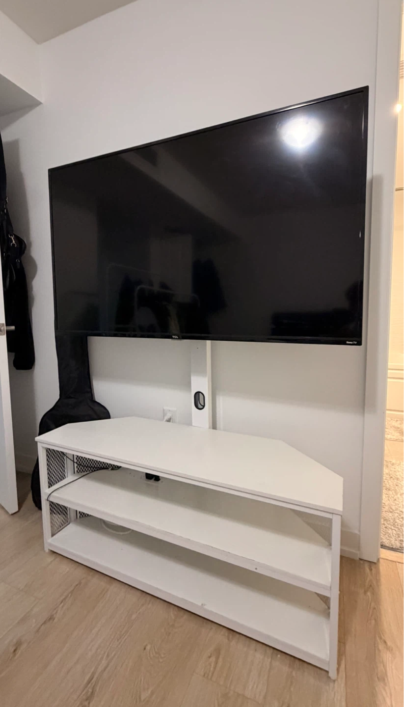 White Corner TV Stand with Shelves