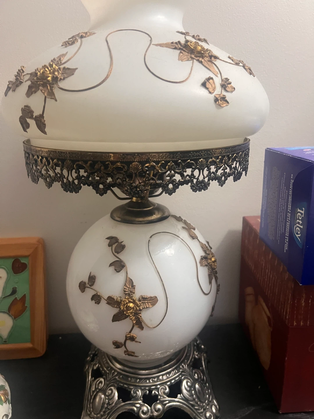 Vintage Frosted Glass Table Lamp with Floral Detailing
