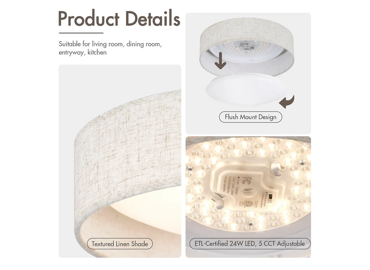 Linen Shade Flush Mount LED Ceiling Light 2 Pack - photo 3