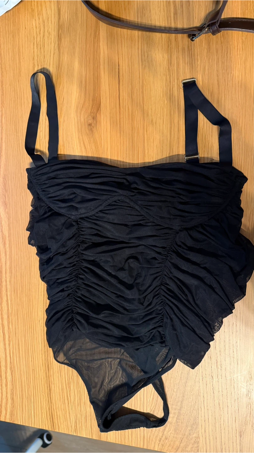 Babaton Black Sheer Ruched Bodysuit size 6