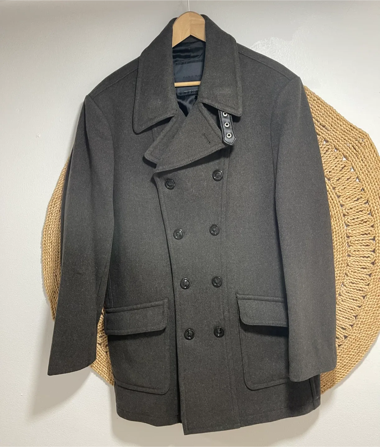Zara Man Double Breasted Peacoat - Charcoal Grey - Size XL
