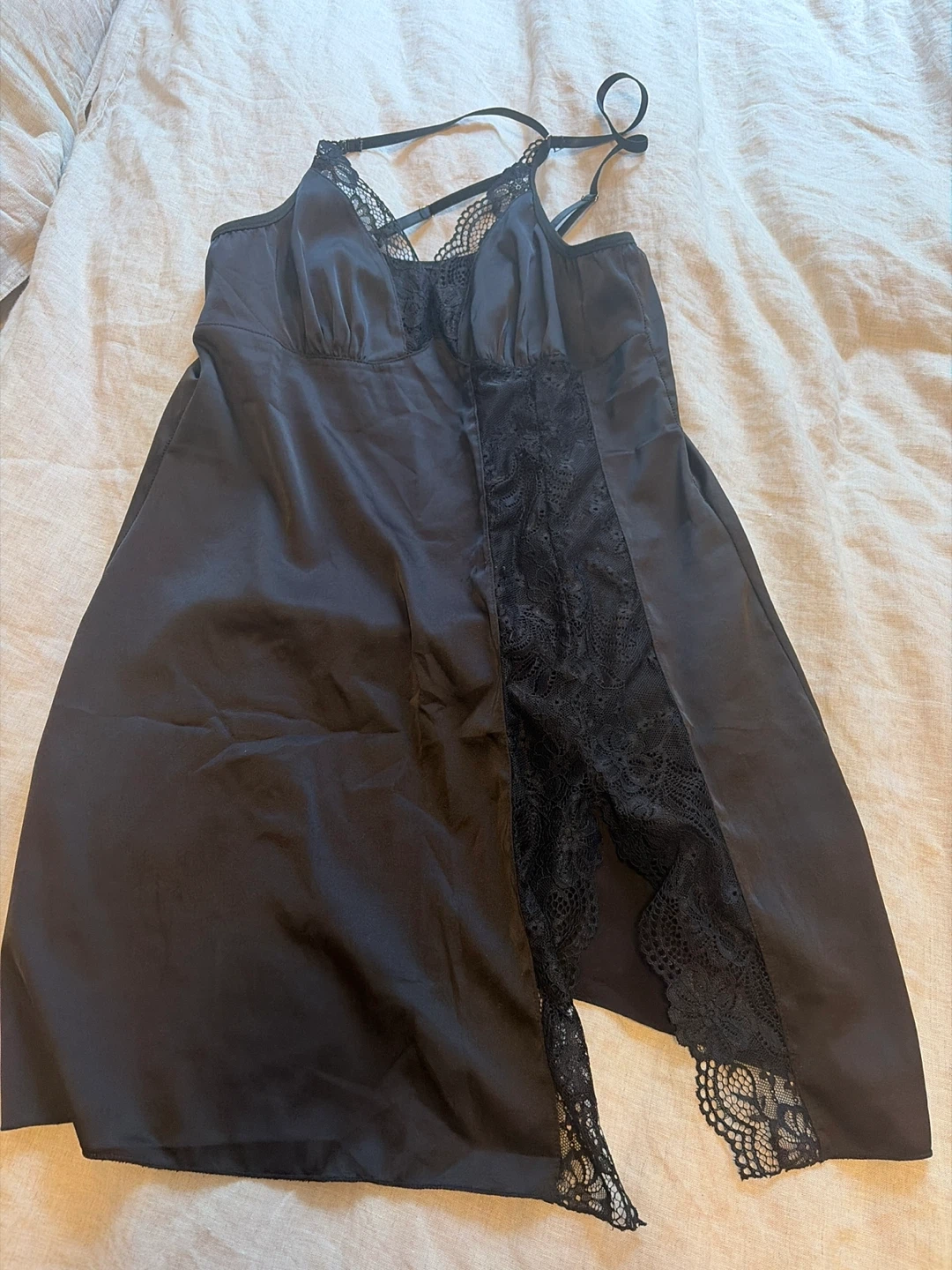 Black satin lace trim slip dress