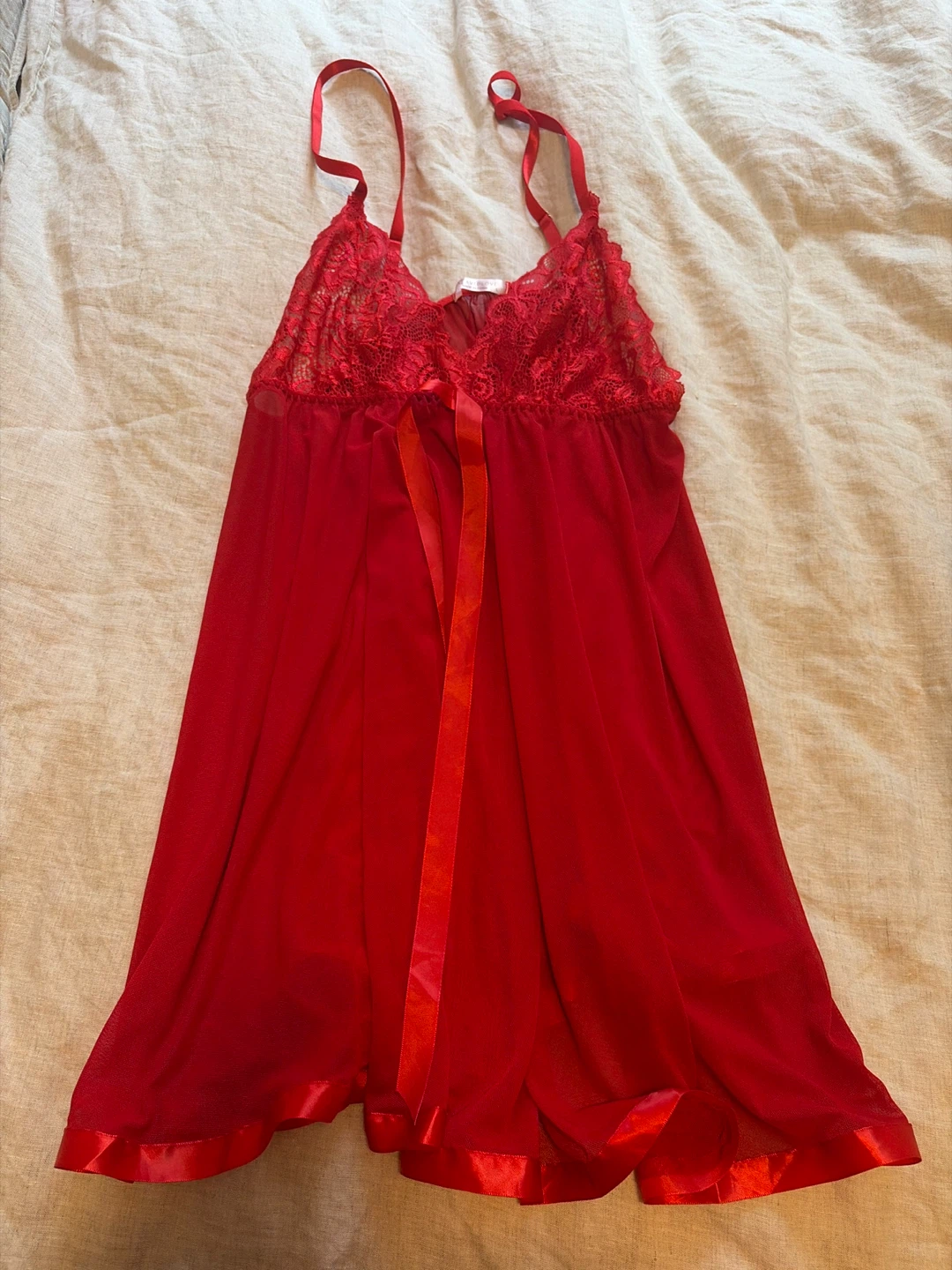 Red Lace Trim Mesh Babydoll Nightgown
