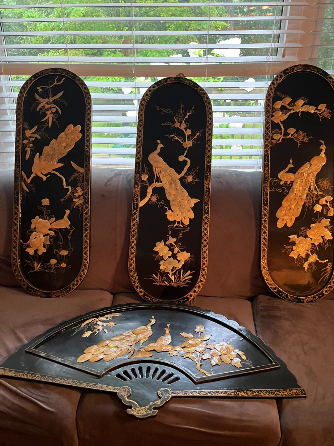Set of 3 Vintage Peacock Wall Art Panels & Fan