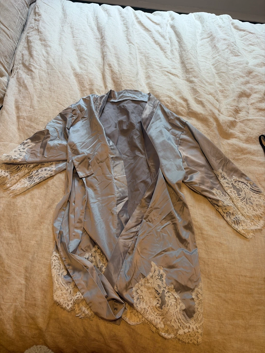 Silver satin robe with lace trim