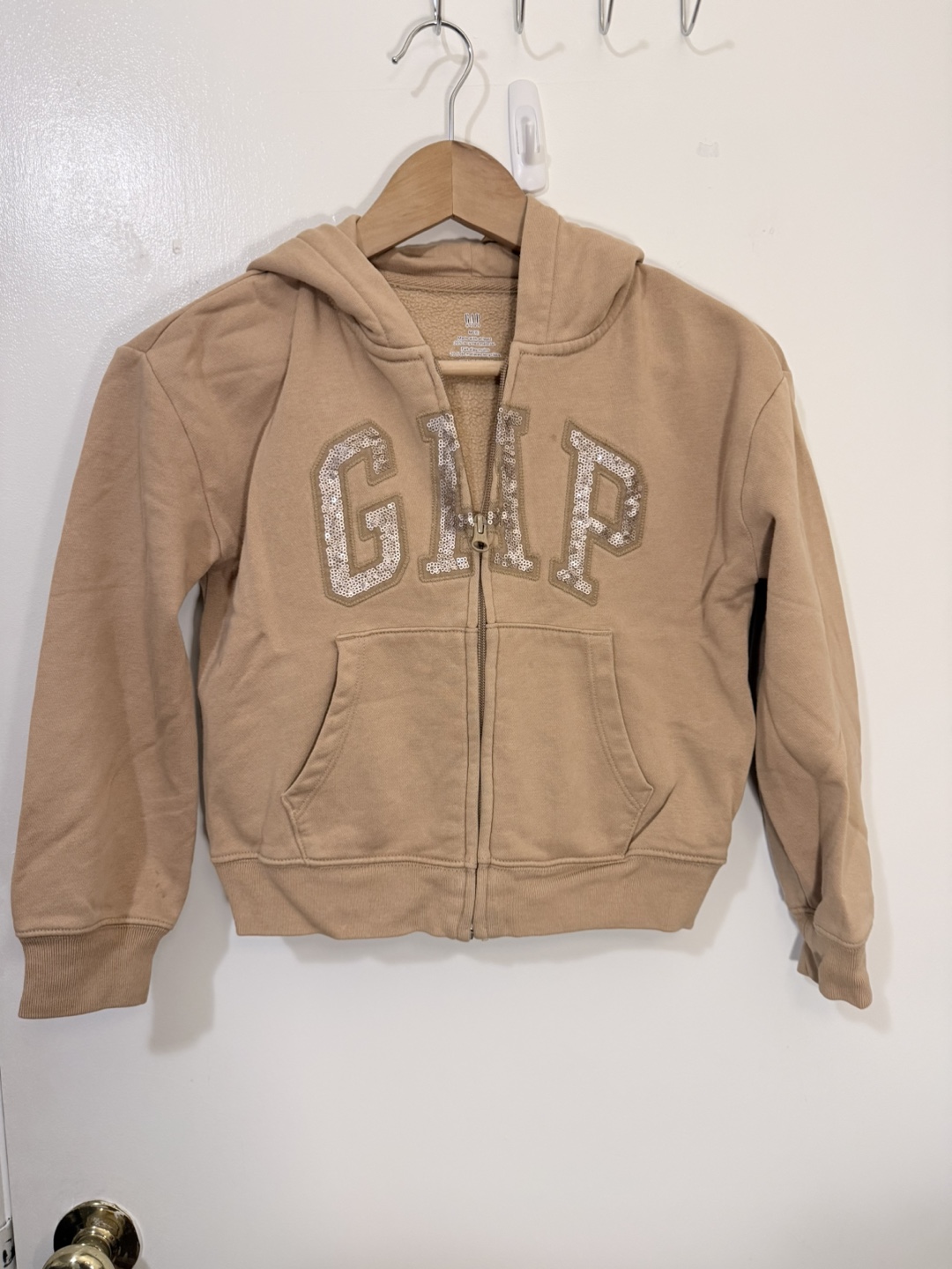 Gap Kids Tan Sequin Logo Zip Up Hoodie Size M 8