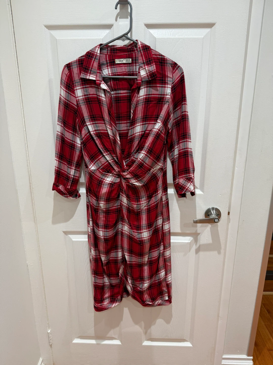 Red Plaid Twist-Front Shirt Dress