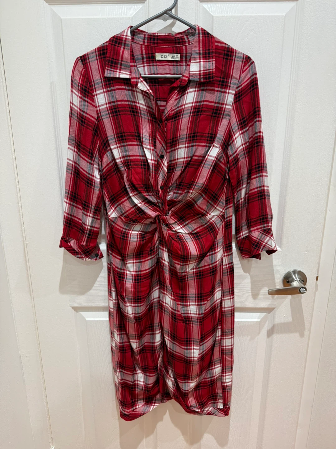 Red Plaid Twist-Front Shirt Dress - photo 3
