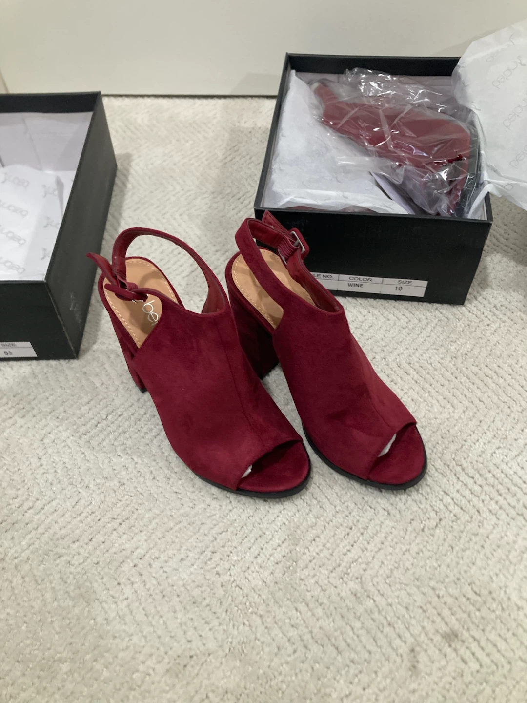 (Brand New)Wine Red Suede Peep-Toe Block Heel Sandals
