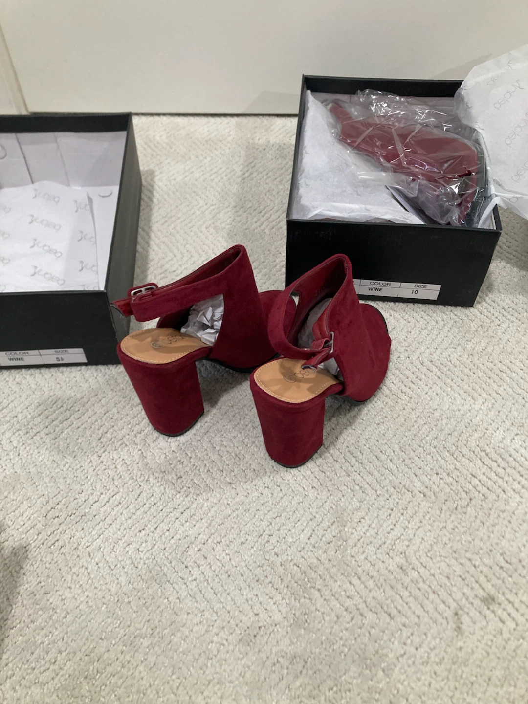 (Brand New)Wine Red Suede Peep-Toe Block Heel Sandals - photo 2