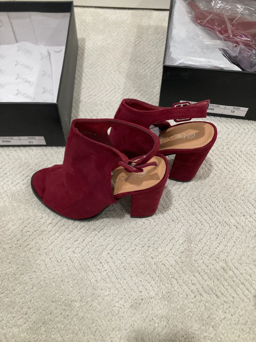 (Brand New)Wine Red Suede Peep-Toe Block Heel Sandals - photo 3
