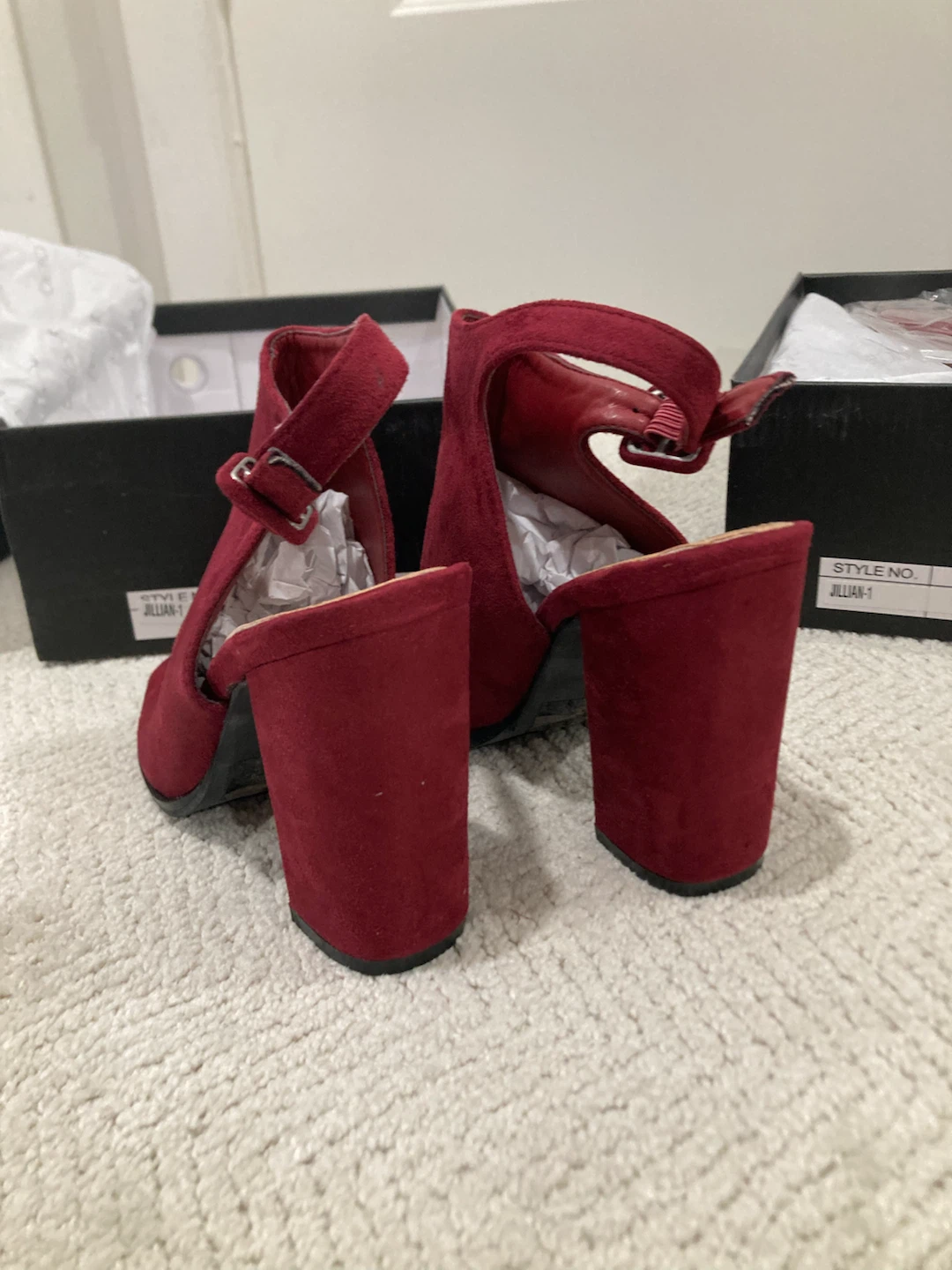 (Brand New)Wine Red Suede Peep-Toe Block Heel Sandals - photo 5
