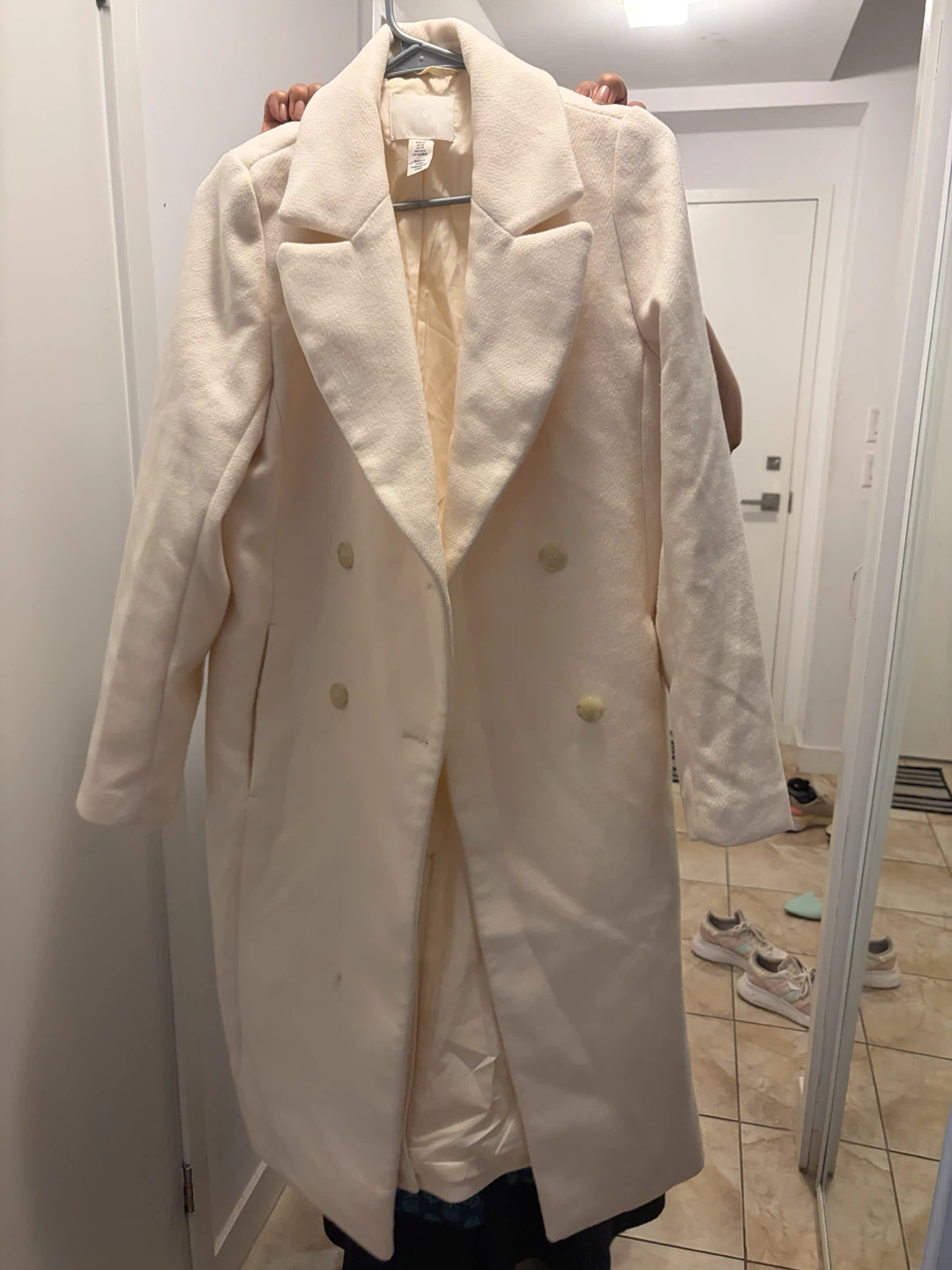 H&M Cream Double-Breasted Wool Blend Coat