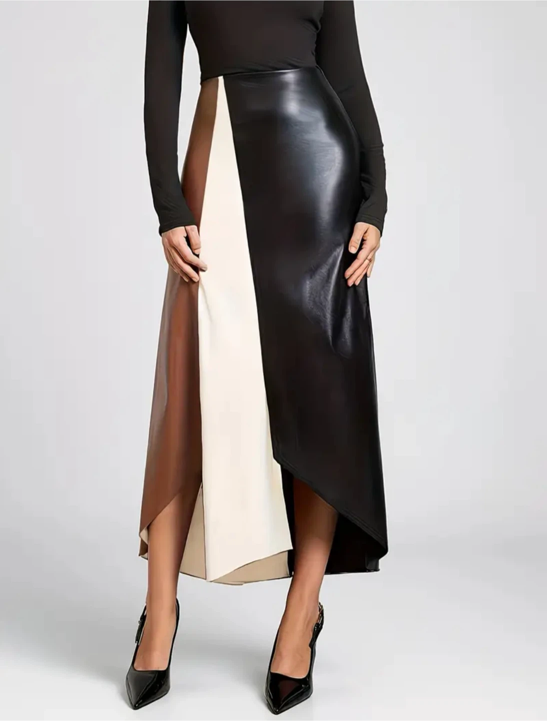 Colour Block Faux Leather Skirt