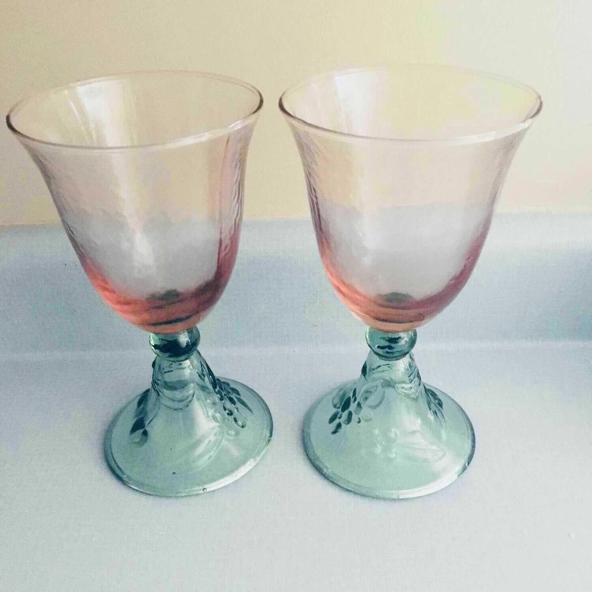 2 Pink & Green wine Glasses