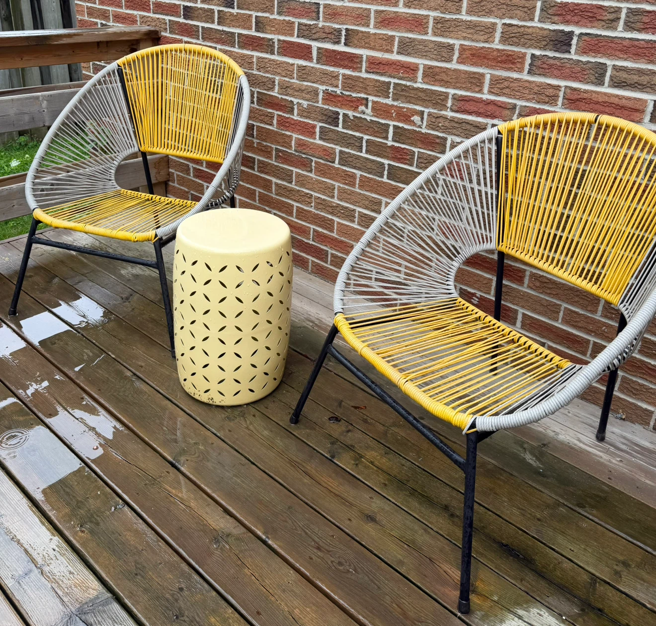 Yellow and Grey Acapulco Chairs with Yellow Side Table