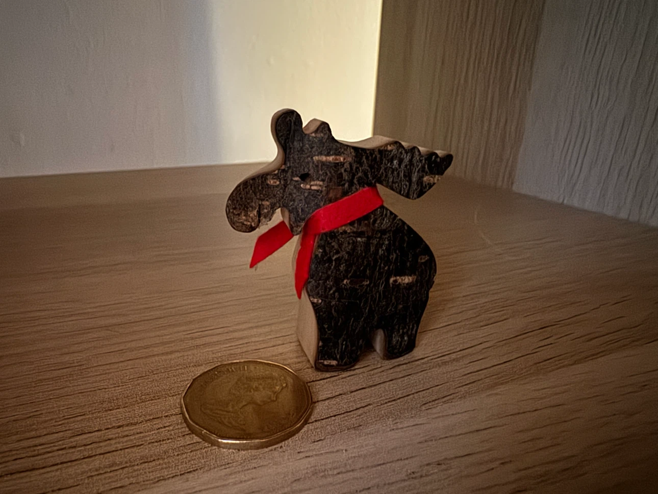 Wooden Moose Figurine with Red Scarf