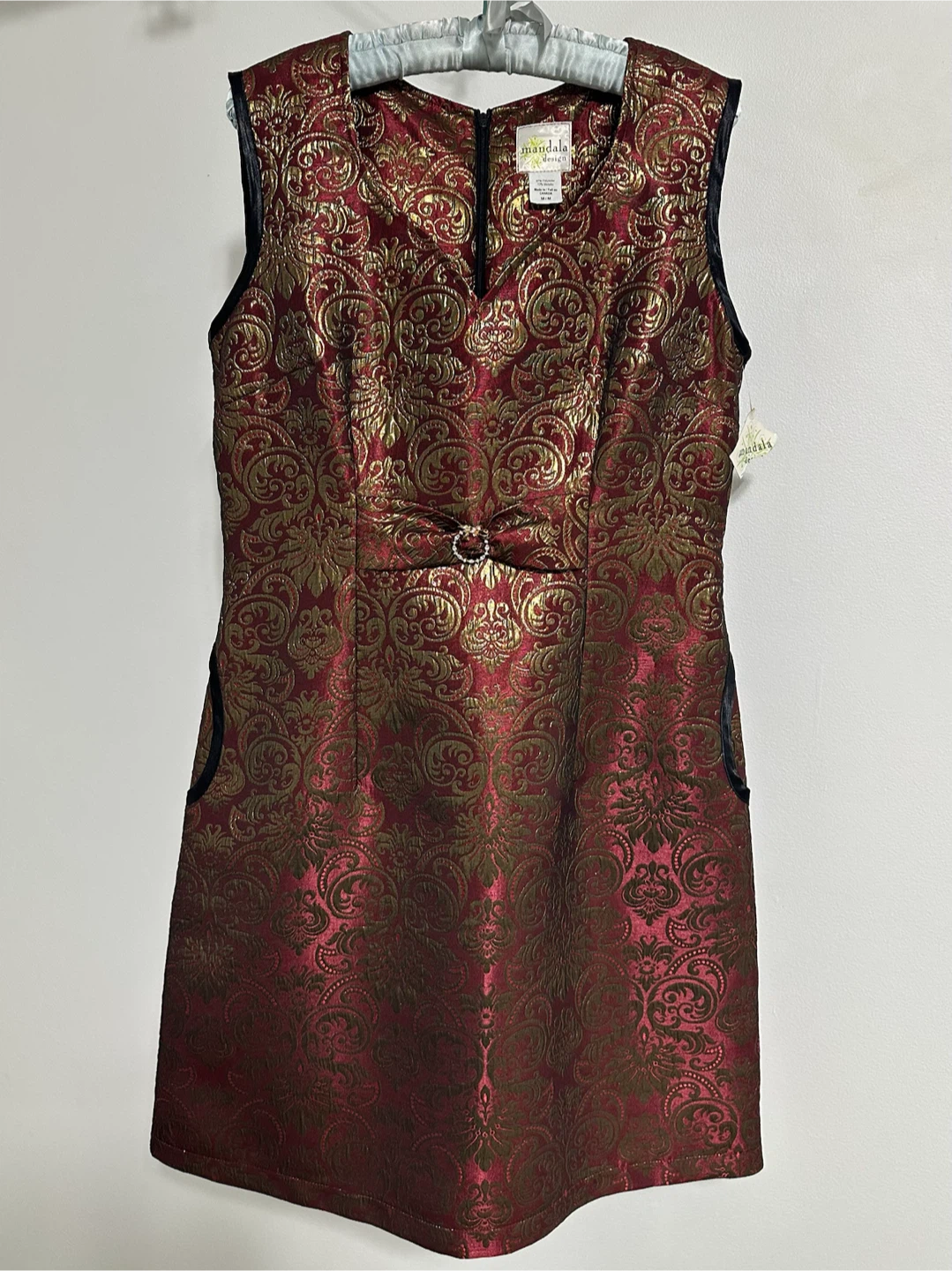 Mandala Design Red Gold Brocade Sleeveless Dress M/L