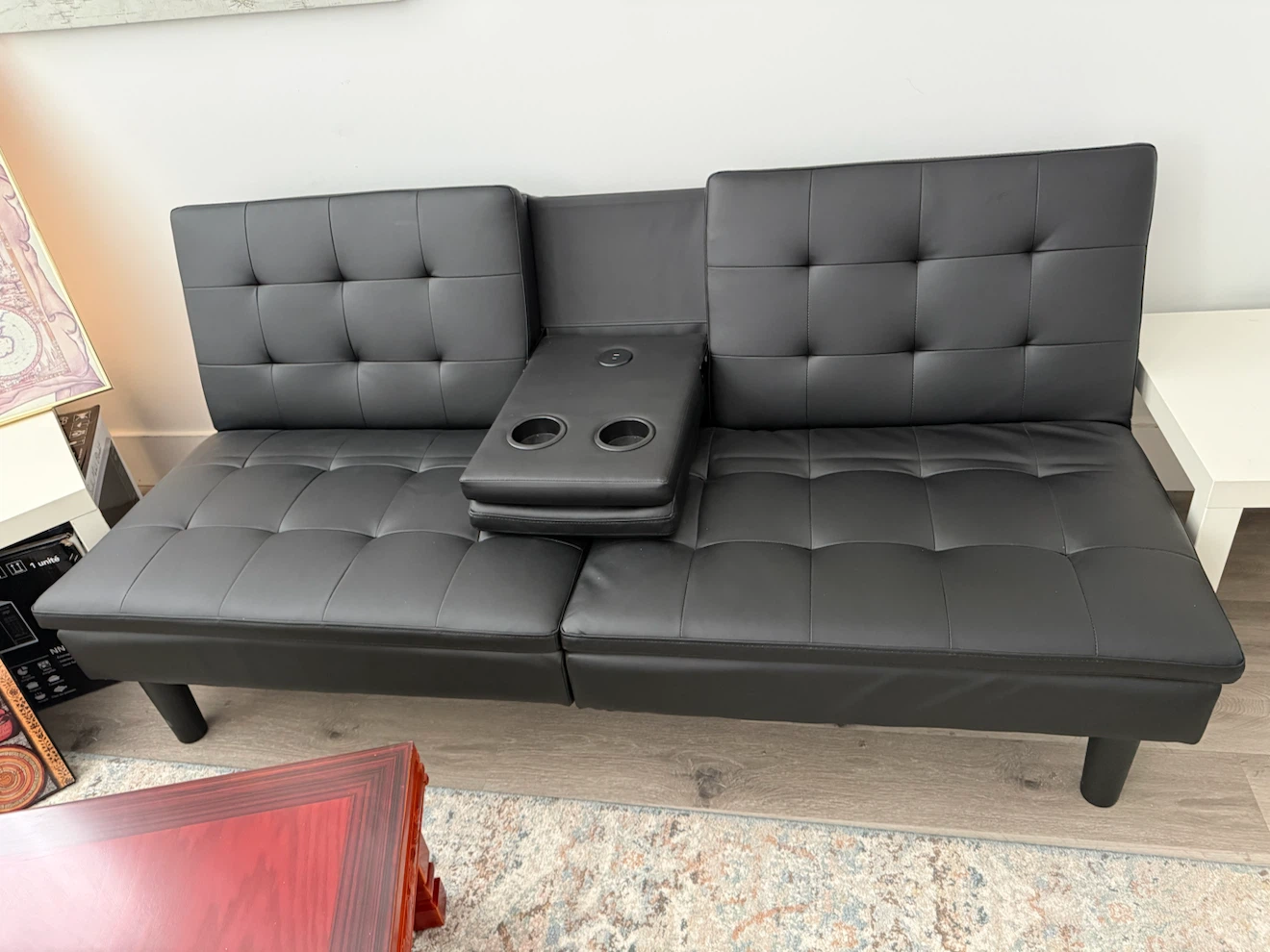 Black Faux Leather Futon Sofa with Cup Holders