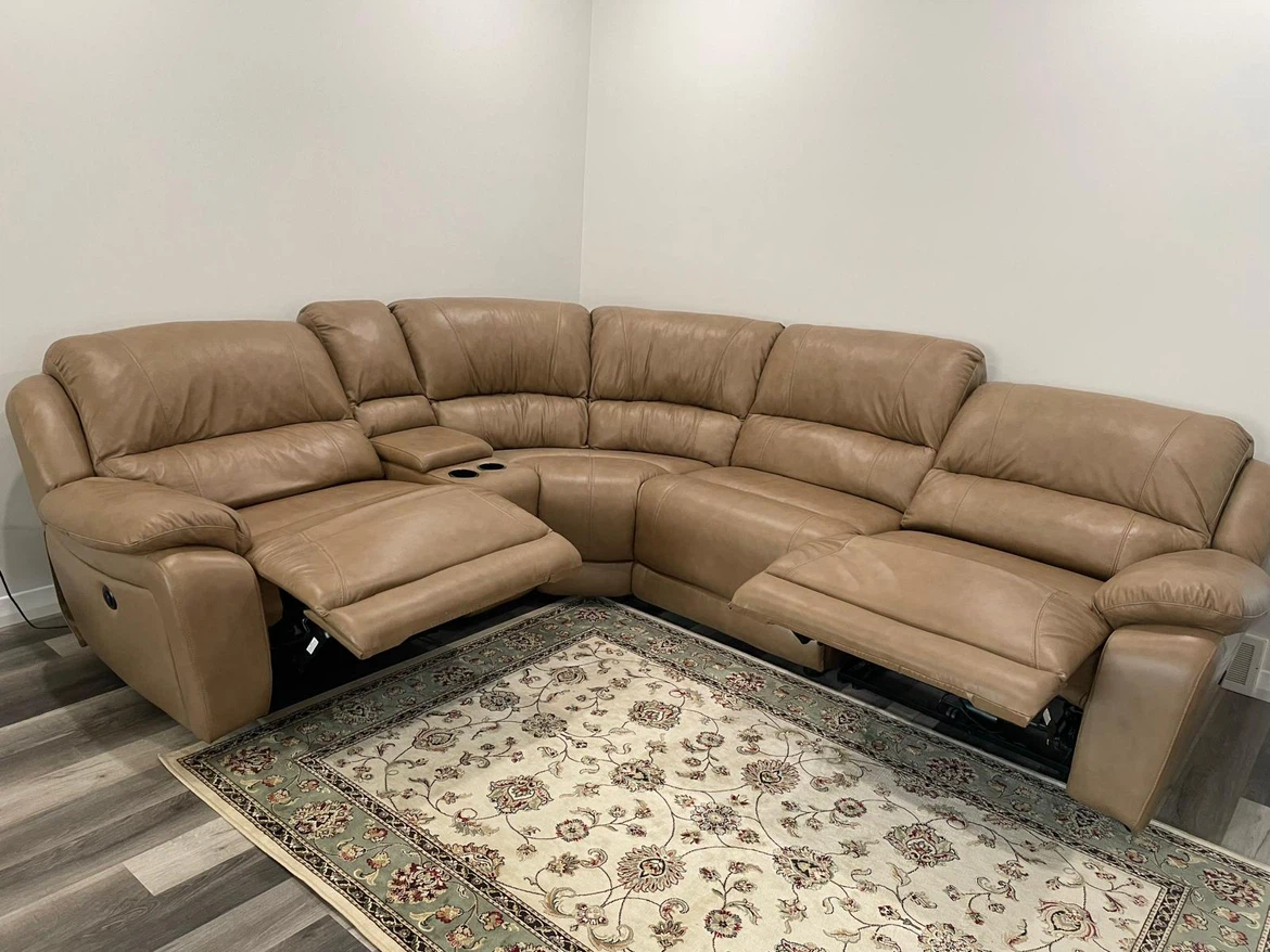 Tan Leather Sectional Recliner Sofa with Cup Holders