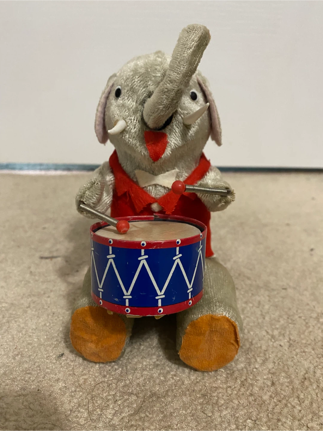 Vintage Plush and Tin Drumming Elephant