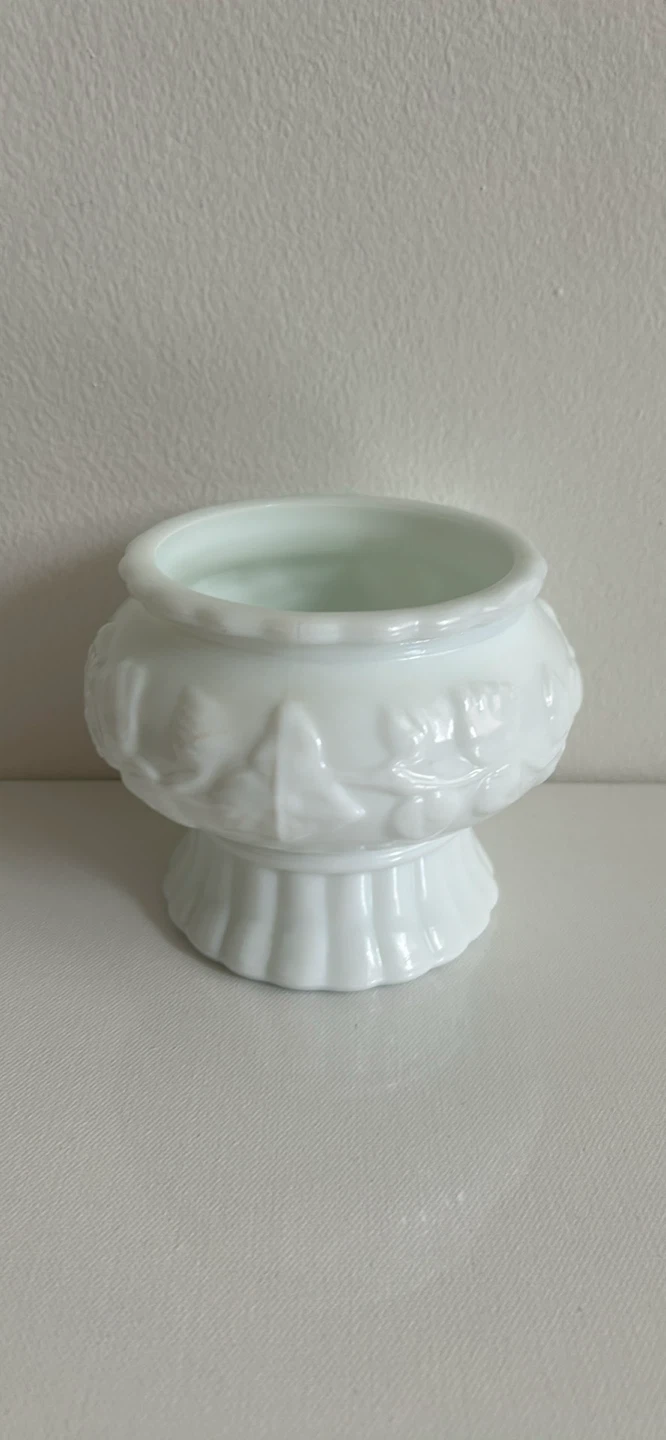 White Milk Glass Footed Dish with Embossed Design